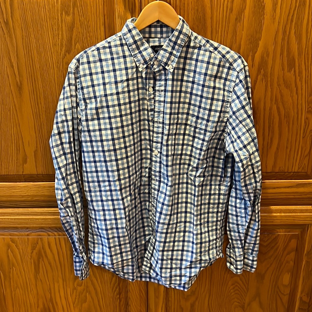 Blue and White Plaid Men’s J. Crew Button Down Dress Shirt